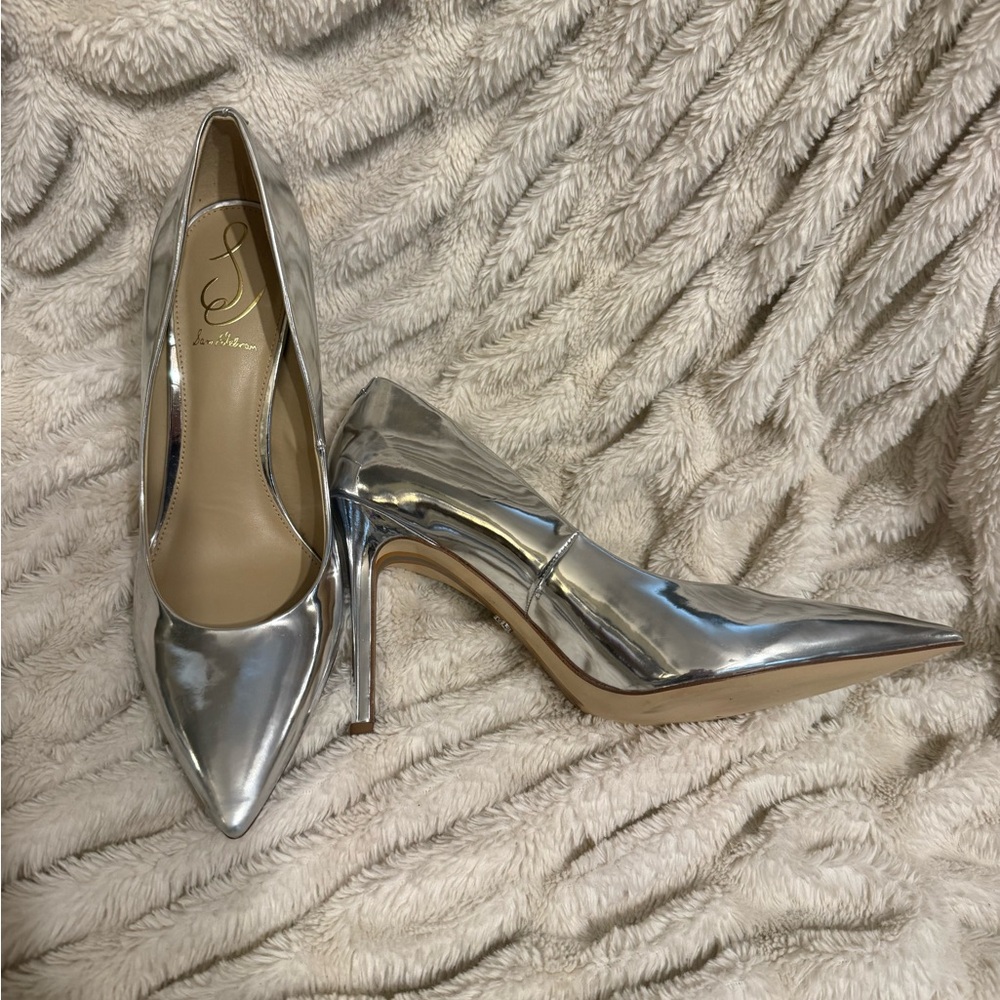 Sam Edelman Patent Leather Silver Pointed-Toe Stilettos 👠